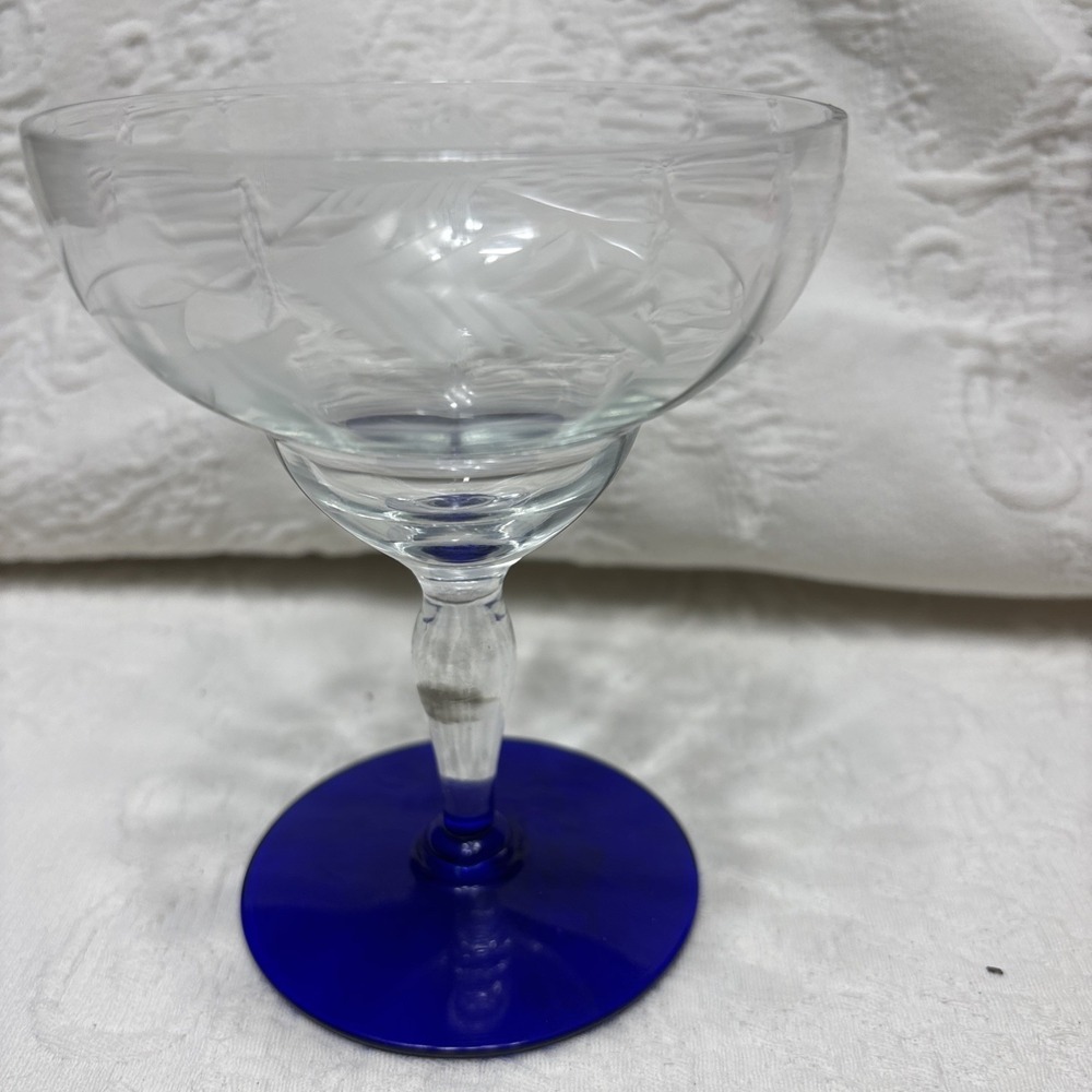 Art Deco Weston WGL10 Etched Cobalt Blue Footed 5.5'' RARE  Optic Glass